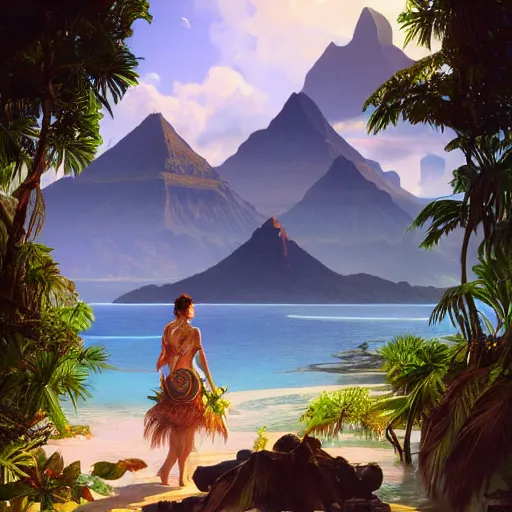 Prompt: tahiti landscape, intricate, highly detailed, digital painting, artstation, concept art, smooth, sharp focus, illustration, unreal engine 5, 8 k, art by artgerm and greg rutkowski and alphonse mucha