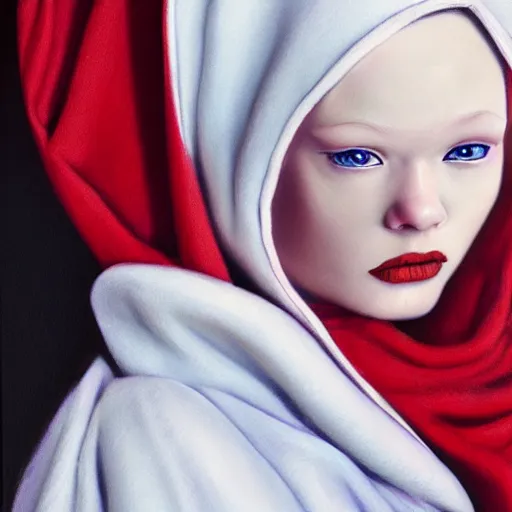 Image similar to beautiful albino princess wearing a red hooded cloak by gerald brom, photo realistic, 4 k