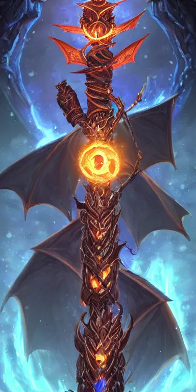 Image similar to draconic staff, dragon staff, ((((dragon head)))) on top of the staff, glowing draconic staff, epic fantasy style art, fantasy epic digital art, epic fantasy weapon art, hearthstone style art