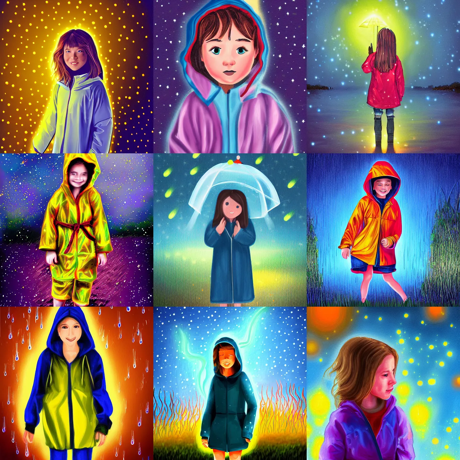 Prompt: digital painting of a girl in a raincoat following fireflies