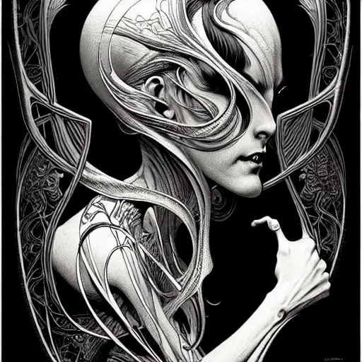 Image similar to medium portrait dark light, by bernie wrightson and killian eng and joe fenton, inspired by art nouveau science fiction, etching, fine, sharp high detail,