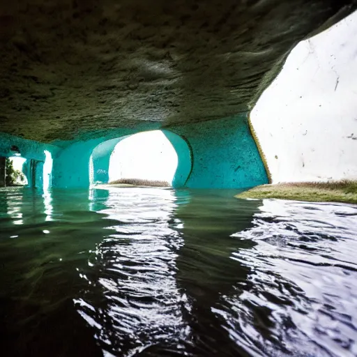 Prompt: photo of a bizarre oddly-shaped interior submerged by one foot deep water everywhere