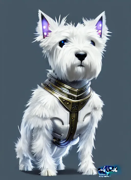 Image similar to a west highland white terrier, anime art style, wearing futuristic, led - lit armor, and a cannon mounted on his back, portrait, high detail, sharp focus, digital painting, artstation, concept art, art by hayao miyazaki and artgerm and greg rutkowski and alphonse mucha.