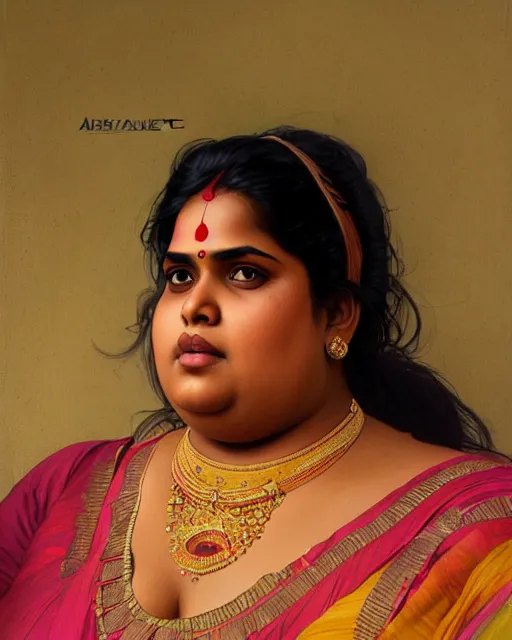 Image similar to Portrait of very very very very obese indian woman, real life skin, intricate, elegant, highly detailed, artstation, concept art, smooth, sharp focus, art by artgerm and greg rutkowski and alphonse mucha