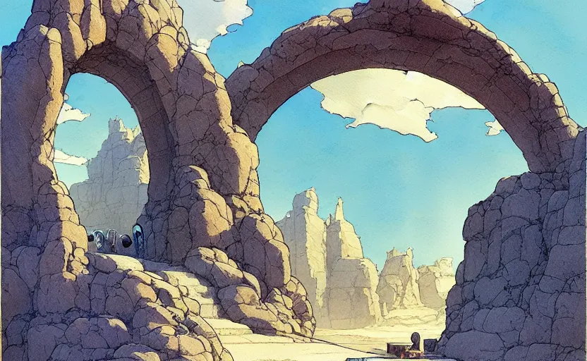 Image similar to a hyperrealist watercolour concept art of a large rock arch dimensional portal showing a clear blue sky. a medieval monk in grey robes is kneeling in prayer below it on a desert road at night. by rebecca guay, michael kaluta, charles vess and jean moebius giraud. high detail, hq, wide shot