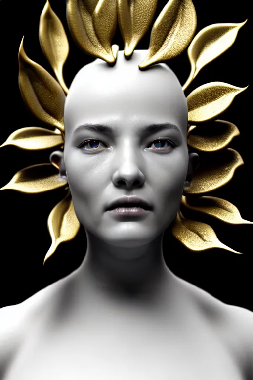 Image similar to bw contrasted close - up profile face, black background, beautiful young porcelain vegetal - dragon - cyborg - female, 1 5 0 mm, beautiful natural soft rim light, silver gold details, magnolia leaves and stems, roots, mandelbot fractal, elegant, ultra detailed, white metallic armour, octane render, h. r. giger style