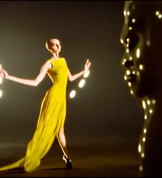 Prompt: la la land unseen film scene of gaz station by night starring seductive actress doing steps dancing and dressed by an organic looking dress from designer * iris van herpen *, with stylish colorfull makeup. intriguing soft back lighting, highly detailed, skin grain detail, photography by paolo roversi, nick knight