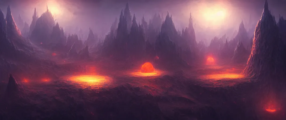 Image similar to digital painting of a floating islands in space, style of demons souls, concept art, high angle, high detail, warm lighting, dark, vivid, beautiful, trending on artstation, by Jordan grimmer, no focus, huge scene, terrain visible