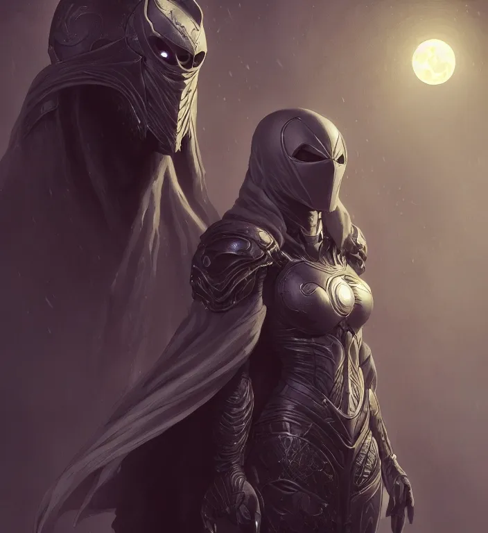 Image similar to female moon knight, hyper detailed, digital art, trending in artstation, cinematic lighting, studio quality, smooth render, unreal engine 5 rendered, octane rendered, art style by klimt and nixeu and ian sprigger and wlop and krenz cushart