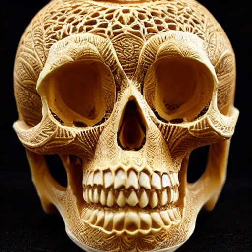 Prompt: intricately carved human skull, intricate ornament, gilding