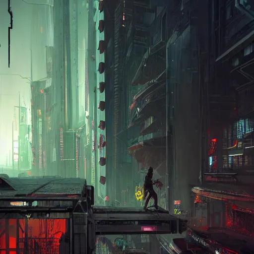 Image similar to Futuristic apocalyptic cyberpunk city by Schen Teng, asymmetrical, realistic painting, dark vibes, nightmare, geometric shapes, hard edges, china town, synth wave, trending on the artstation:2 by Greg Rutkowski:4