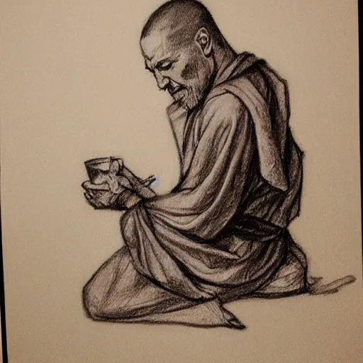 Prompt: pencil sketch of a monk drinking mead