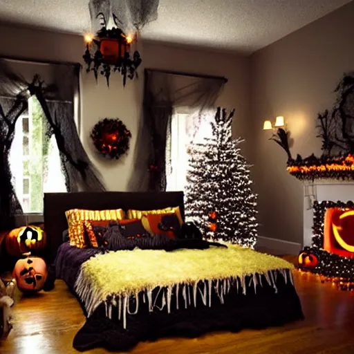 Prompt: homemade halloween themed christmas bedroom ideas, high resolution, creative, visually appealling