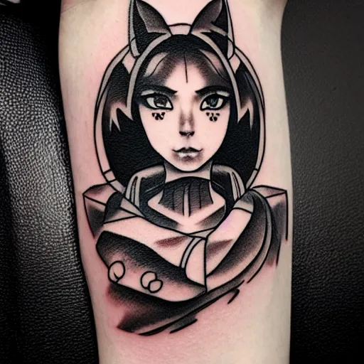 Image similar to tattoo design, stencil, portrait of a post apocalyptic japanese girl, artgerm, cat girl