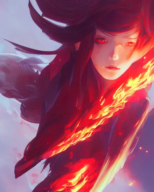 Image similar to red eyed anime girl, flames everywhere, highly detailed, digital painting, artstation, concept art, smooth, sharp focus, illustration, art by artgerm and greg rutkowski and alphonse mucha