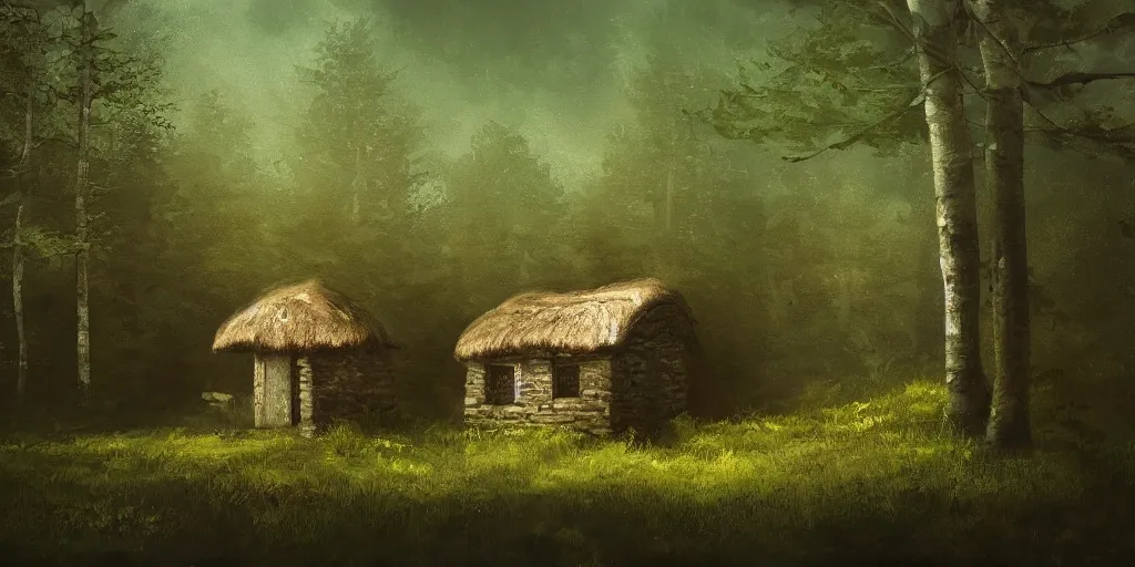 Image similar to a painting of a close up of a single cottage with a thached roof in the woods and empty woods, 8k, fantasy, hyper realistic, atmospheric lighting, cinematic