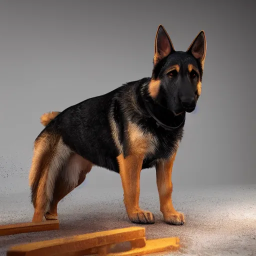 Image similar to a humanoid german shepherd flexing holding a crowbar, dslr, 8 k, octane beautifully detailed render, cold lighting, cinematic lighting, white background, detailed photo, masterpiece, volumetric lighting, ultra realistic, highly detailed, high quality, lossless, photorealistic, grayscale