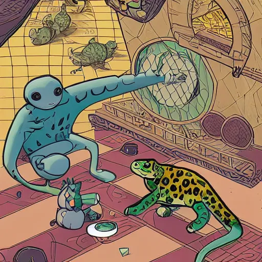 Image similar to the story of the leopard and the tortoise in the style of josan gonzalez