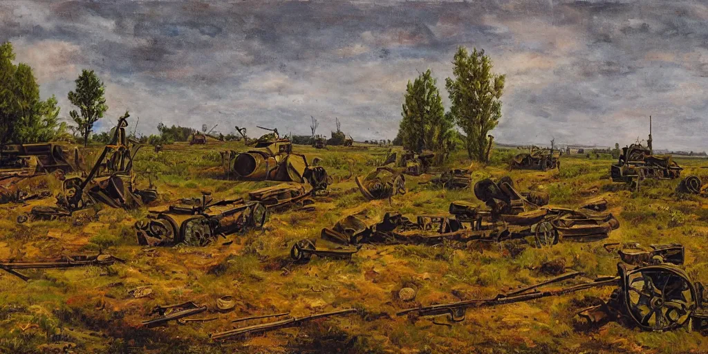 Prompt: landscape of the eastern front, summertime, abandoned equipment, shell holes, oil painting in the style of peredvizhniki