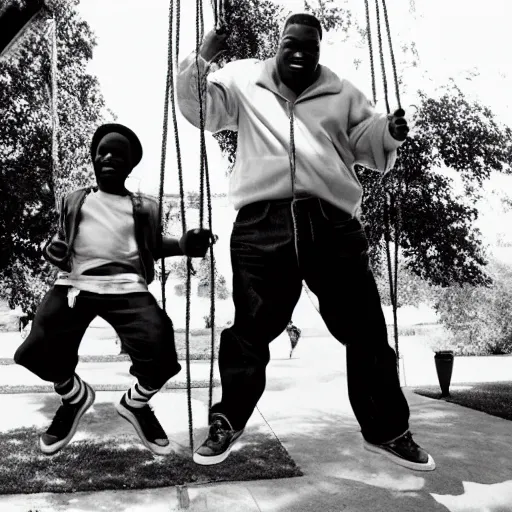 Prompt: tupac and biggie smalls playing on a swingset