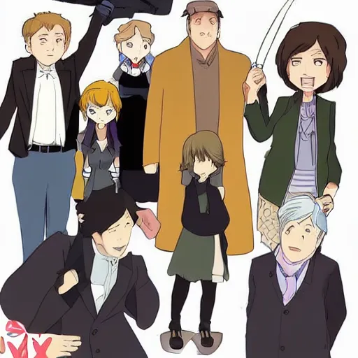 Prompt: yor forger and the cast of spy x family drawn in the style of studio ghibli