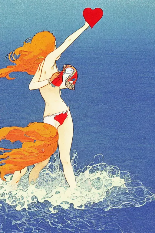 Image similar to A girl in a white lacy bikini and white sun hat and Holding a heart-shaped lifebuoy, jumping for joy,long orange hair floating on air ,Waves and splashes,beach ,Smooth visual lines,graphic Design by mucha and studio ghibli