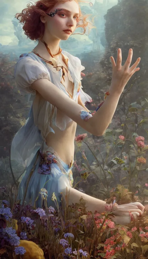 Image similar to epic masterpiece alice in wonderland, sweaty skin, hyperrealistic, octane render, cinematic, beautiful face and flawless skin, perfect hands, 5 fingers, blue, by Edgar Maxence and Ross Tran and Michael Whelan, Legends of Runeterra