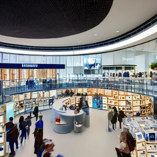 Prompt: photograph of the interior of a Microsoft Samsung flagship store in the style of Wes Anderson, architecture magazine, dezeen, 14mm, pentax, film