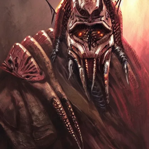 Image similar to a predalorian, yutja, close up concept art mix between a yutja predator from predator movies, prey, alien, and a mandalorian