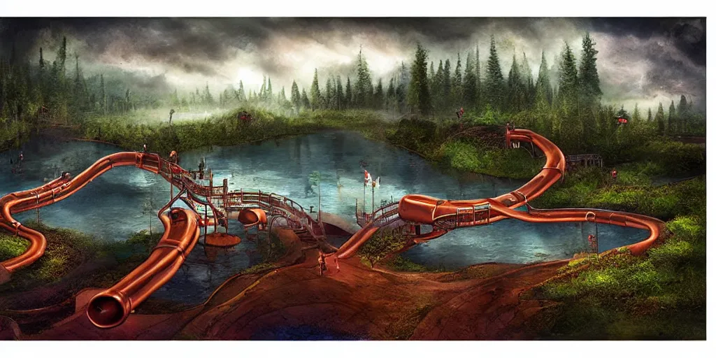 Prompt: pipe factory playground built on a forest lake, award winning art, epic dreamlike fantasy landscape, art print, science fiction, ultra realistic,