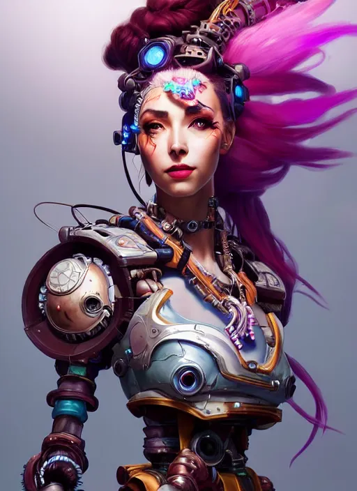 Prompt: portrait of jinx from lol, robot steampunk, floral! horizon zero dawn machine, intricate, elegant, highly detailed, ray tracing, digital painting, artstation, concept art, smooth, sharp focus, illustration, art by artgerm and greg rutkowski and alphonse mucha, 8 k