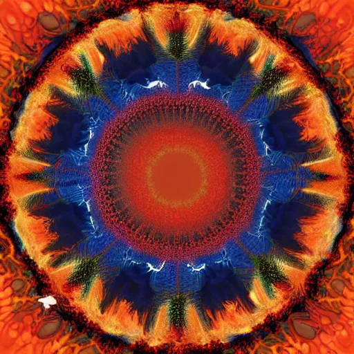 Prompt: volcanic eruption in the style of kanagawa, mandala, fractal, infinity