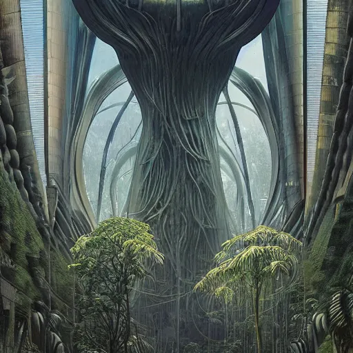 Prompt: epic alien jungle by zdzisław beksinski, greg rutkowski inside a giant futuristic mall by zaha hadid