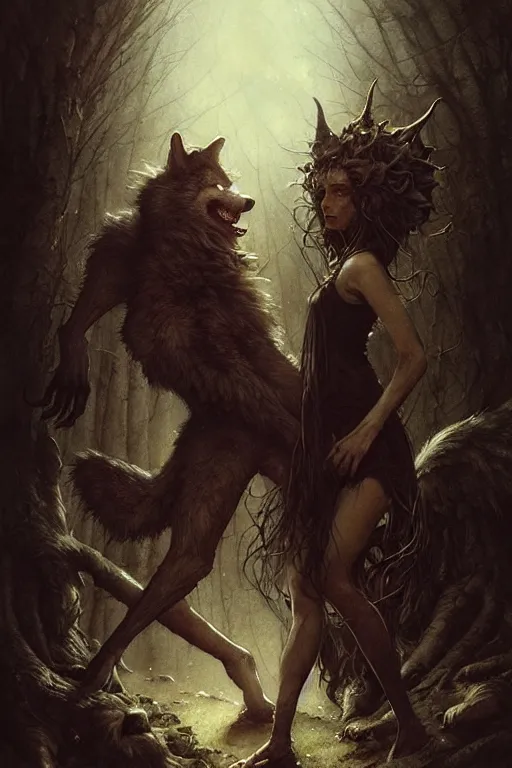 Image similar to werewolf and a witch | esoteric symbolism | jean - baptiste monge, esao andrews, bastien lecouffe - deharme, tim jacobus, ken currie | ultra - detailed realism, soft cinematic lighting, hi - fructose, artstation, high - quality, ink watercolors wes anderson poster art