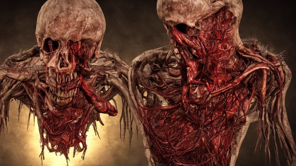 Image similar to monster made of guts and organs. Eldritch, anatomical, 8K, concept art, filmic, HDR, hyperrealism, volumetric lighting, Dark art