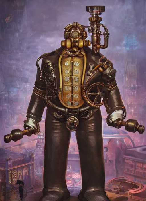 Image similar to steampunk bioshock donald trump is a muscular bodybuilder, au naturel, hyper detailed, digital art, trending in artstation, cinematic lighting, studio quality, smooth render, unreal engine 5 rendered, octane rendered, art style by klimt and nixeu and ian sprigger and wlop and krenz cushart.