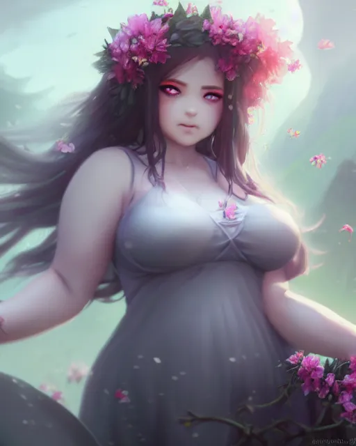 Image similar to dark angel surrounded by mist and pretty flowers, very detailed, realistic face, detailed face, matte, tonemapping, bbwchan, perfection, 4 k, cushart krenz, cinematic, atmospheric