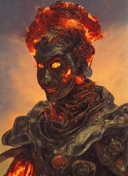 Prompt: portrait of a diabolical cyborg clown samurai with a flamethrougher, wearing burning torn cape, dynamic pose, glowing eyes, ancient ruins, glowing veins subsurface scattering, in clouds, sunset, portrait, by gerald brom, by mikhail vrubel, by peter elson, muted colors, extreme detail, reflections, trending on artstation, 8 k