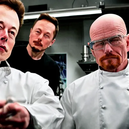 Prompt: elon musk and walter white cooking meth in a laboratory, highly detailed, detailed faces, sharp, 8k