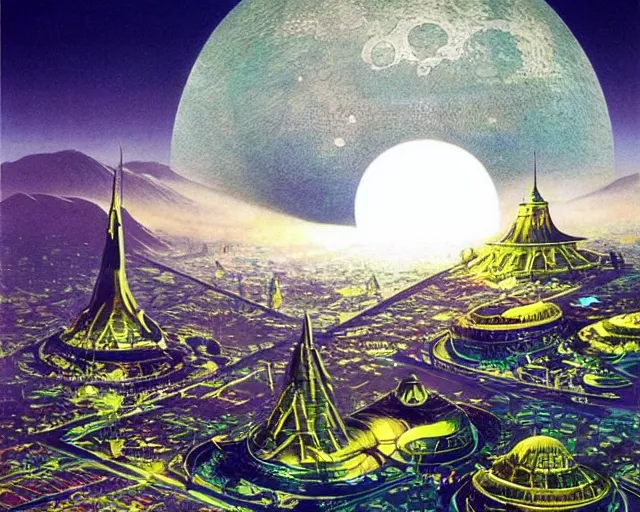 Prompt: a hyper detailed view of a large domed city on the moon, solarpunk, ecopunk, futuresynth, majestic, epic metropolis, by eyvind earle and patrick woodroffe