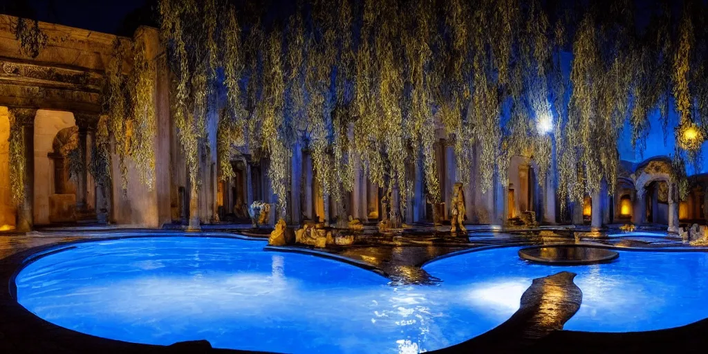 Image similar to photo of beautiful courtyard under moonlight, art deco and baroque aesthetic, large glowing moon, pool with rippling reflections, weeping willows and flowers, hellenistic sculptures, romantic, archdaily,