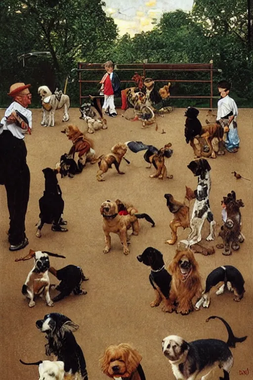 Image similar to a playground full of dogs by norman rockwell