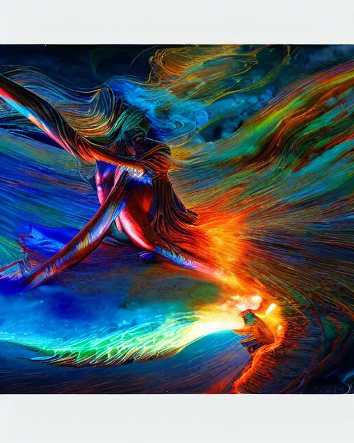 Image similar to blue and green rainbow fire, by antonio j. manzanedo, alex grey, android jones, wayne barlowe, philippe druillet, raymond swanland, cyril rolando, josephine wall, harumi hironaka, cronenburg, trending on artstation