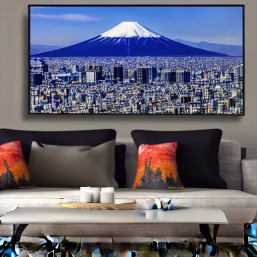 Prompt: landscape dramatic view of hell engulfing tokyo with mount fuji in background, realistic, 3 d art, dystopia