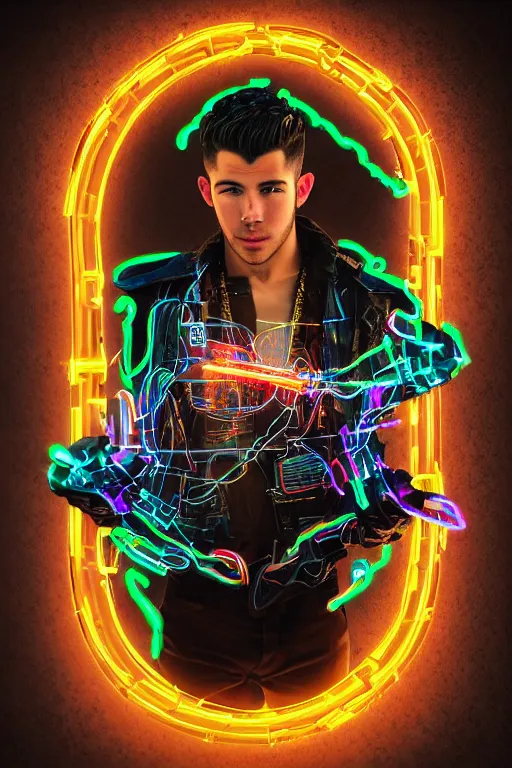 Image similar to full-body bladerunner neon rococo style sculpture of a handsome Spanish Nick Jonas as a half cibernetic android with a chest opening exposing circuitry and electric sparks, glowing laser beam eyes, crown of giant diamonds, flowing neon-colored silk, fabric, raptors. intricate artwork by caravaggio. Trending on artstation, industrial lighting , photorealistic, octane render, 8k, depth of field, 3D