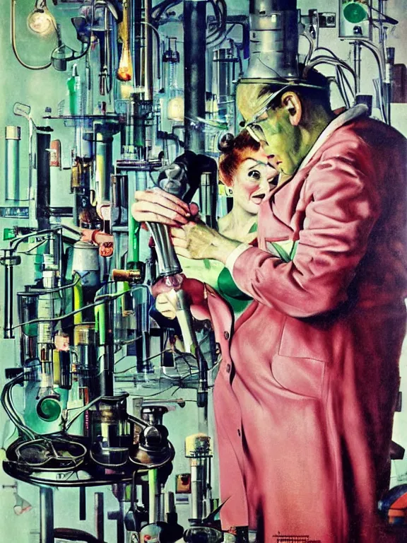 Image similar to A female mad scientist in a laboratory coat welding together a partially-built realistic retro robotic!!! man!!! in a suit, in a darkly lit laboratory room surrounded by test tubes and jars, 1950s horror film movie poster style, (Norman Rockwell oil painting), retro vintage, saturated pink and green lighting