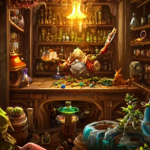 Image similar to a beautiful stunning interesting photorealistic digital magic the gathering world of warcraft fantasy illustration of a corgi wearing steampunk safety goggles and a white apron while mixing potions, in a potion shoppe, colorful bottles and plants, awesome and moody, by marc simonetti