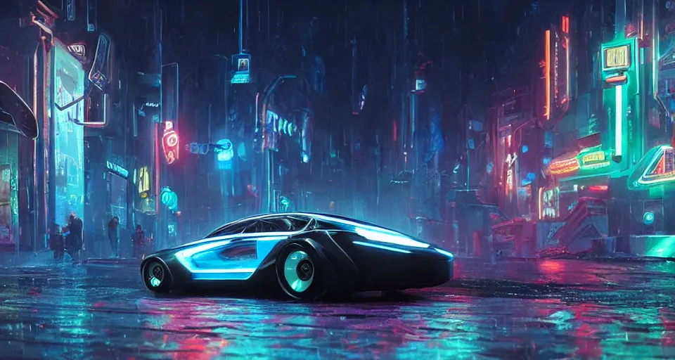 Prompt: product shot of a tron tesla light cycle car on wet city street at night, intricate, hyper detailed, smooth, high contrast, neon, volumetric lighting, octane, moebius, greg rutkowski, blade runner, ripley scott, cindmatic