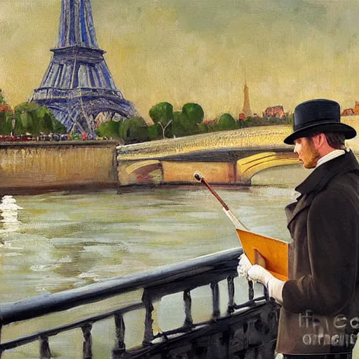 Prompt: ewan mcgregor is standing by the river seine on a bridge in the morning. he is wearing a gentleman ´ s outfit with a bowler hat. next to him at his feet is lying a brown cat. ewan mcgregor is painting a canvas that is put on an easel. morning light. early 2 0 th century paris. vivid colours, digital art