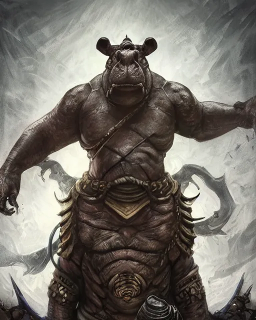 Prompt: Hippo, Anthropomorphized, portrait, as evil warlord general on skull throne, magic the gathering artwork, D&D, fantasy, cinematic lighting, centered, symmetrical, highly detailed, digital painting, artstation, concept art, smooth, sharp focus, illustration, volumetric lighting, epic Composition, 8k, art by Akihiko Yoshida and Greg Rutkowski and Craig Mullins, heroic pose, oil painting, cgsociety, Battlefield background, explosions, arrows